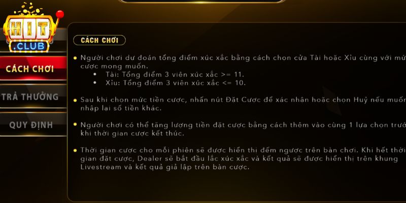 Luật chơi cơ bản của game tài xỉu đổi thưởng Hitclub